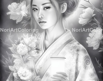 花と着物を着た日本の女性25人セット1 | 明るい色、中程度の色、暗い色