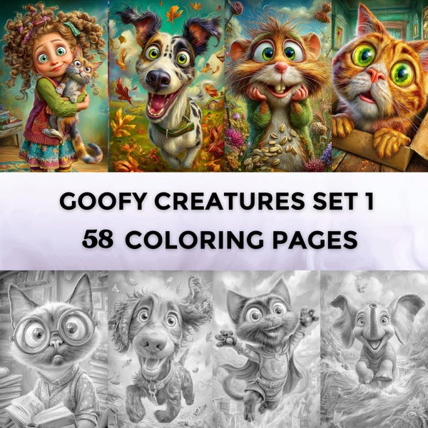 58 Goofy Creatures Set 1 Grayscale Coloring Pages | Printable Adult Coloring Pages | Download Grayscale | Funny Animals|Whimsical Characters