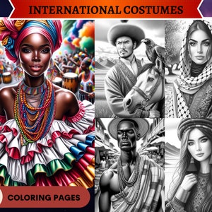 60 International Costumes Grayscale Coloring Pages | Printable Adult Coloring Pages | Download Grayscale | People from Around the World