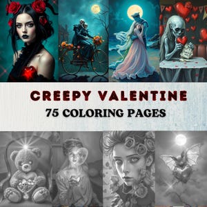 75 páginas para colorear de San Valentín espeluznantes en escala de grises para adultos. Descarga instantánea. Libro para colorear de amor aterrador y espeluznante. Archivos PDF imprimibles. Color incluido.