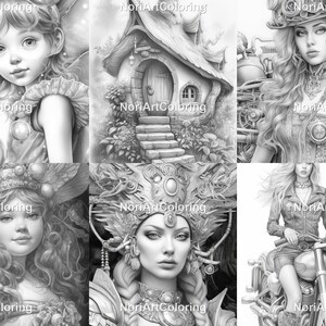 May include: A set of six black and white coloring pages featuring different fantasy and steampunk themes. The images include a young girl with bubbles, a whimsical house with a stone path, a woman with a steampunk hat and gears, a woman with a crown of fruit, a woman with a crown of feathers and jewels, and a woman riding a motorcycle.