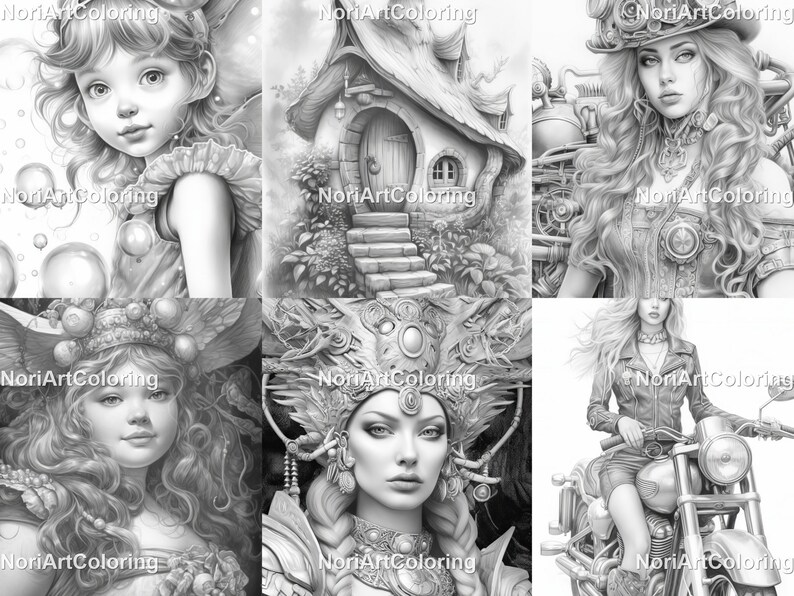 May include: A set of six black and white coloring pages featuring different fantasy and steampunk themes. The images include a young girl with bubbles, a whimsical house with a stone path, a woman with a steampunk hat and gears, a woman with a crown of fruit, a woman with a crown of feathers and jewels, and a woman riding a motorcycle.