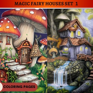 35 Grayscale Magic Fairy Houses Coloring Book Set 1 | Printable Adult Coloring Pages | Download Grayscale Illustration | Printable PDF file