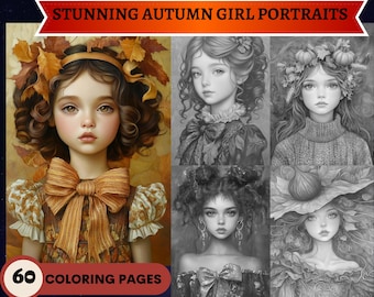 60 Stunning Autumn Girls Portraits Grayscale Coloring Pages Printable Adult Coloring Pages Download Grayscale Illustration Fall Girls Women