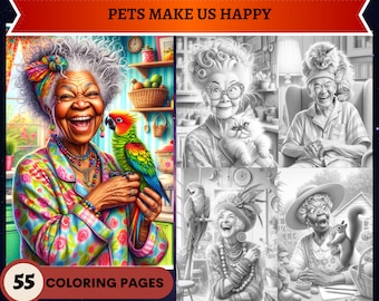 55 pages à colorier en niveaux de gris « Les animaux de compagnie nous rendent heureux » | Coloriages pour adultes à imprimer | Télécharger en niveaux de gris | Animaux Mignon Drôle Hillarious