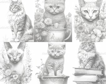 Ladies & Cats Coloring Set for Adults Instant Download Printable Files 5  Grayscale Light Illustrations JPG Cats 