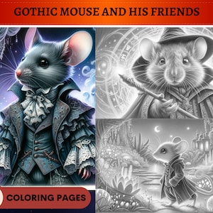 44 Gothic Mouse and His Friends Coloring Pages | Coloring pages Adults | Instant Download Grayscale Coloring Page | Travelling Mouse