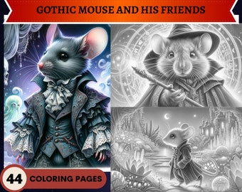 44 Gothic Mouse and His Friends Coloring Pages | Coloring pages Adults | Instant Download Grayscale Coloring Page | Travelling Mouse
