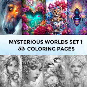 53 pages à colorier en niveaux de gris des mondes mystérieux | Pages imprimables pour animaux de compagnie | Télécharger en niveaux de gris | Peinture à colorier | Portraits de femmes