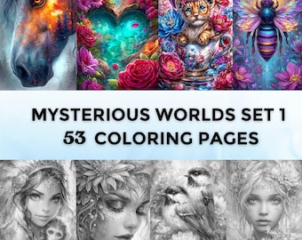53 Mysterious Worlds Set 1 Grayscale Coloring Pages | Printable Animal Pets Pages | Download Grayscale | Painting Coloring | Women Portraits