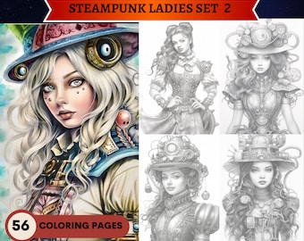 Steampunk Ladies coloring book Set 2 | 56 Pages | Printable Adult Coloring Pages | Download Grayscale Illustration | Printable PDF file