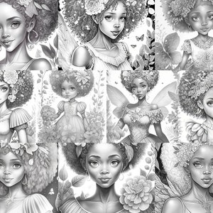 10 beautiful Afro Fairies coloring pages Vol 2 | Black Women | Printable Adult Coloring Book | Download Grayscale Illustration | Black Women