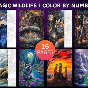 16 Color by Number Pages, Digital Coloring Pages, Paint by Numbers Bundle, Procreate Adults Coloring Book, Magic Wildlife 1