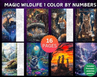 16 Color by Number Pages, Digital Coloring Pages, Paint by Numbers Bundle, Procreate Adults Coloring Book, Magic Wildlife 1