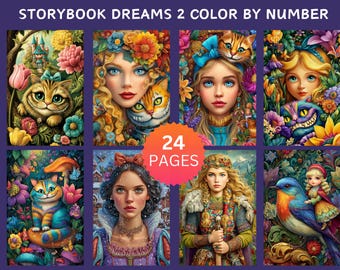 24 páginas para colorear por números de Storybook Dreams 2, páginas digitales para colorear, paquete de pintura por números, libro para colorear para adultos de Procreate, Alicia de fantasía