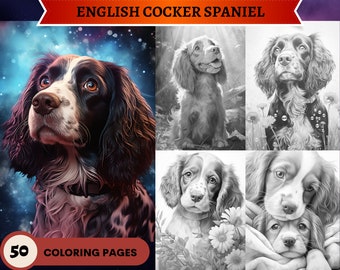 50 Cute English Cocker Spaniel Grayscale Coloring Pages | Dogs Puppies | Printable Adult Coloring Pages | Download Grayscale Illustration