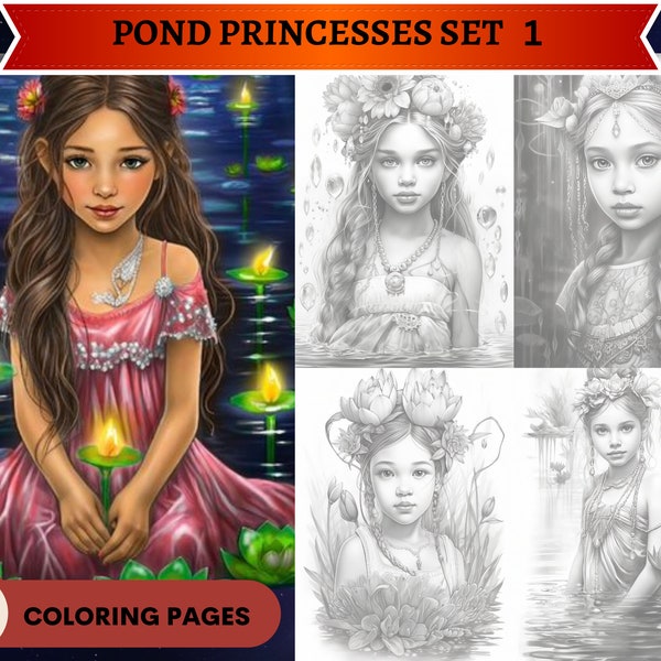 60 Pond Princesses Grayscale Coloring Pages | Lake Queens | Printable Adult Coloring Pages | Download Grayscale Illustration