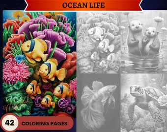 42 Páginas para colorear en escala de grises de Ocean Life /Nutrias Pulpos Peces Ballenas / Páginas para colorear para adultos imprimibles / Descargar ilustración en escala de grises