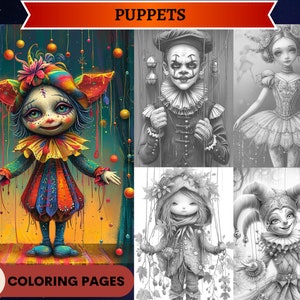 May include: A set of four coloring pages featuring puppets. The puppets are a clown with colorful clothing, a jester with a hat and bells, a ballerina with a tutu, and a creepy clown with a sinister smile. The title "Puppets" is at the top of the image and "55 Coloring Pages" is at the bottom.