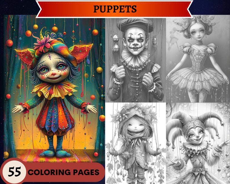 Fall Puppet Coloring 55 Puppets Grayscale Coloring Pages | Printable Adult Coloring Pages ...