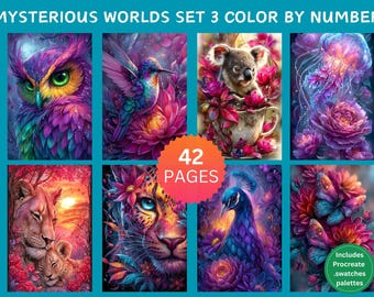 42 Mundos Misteriosos Set 3 Páginas para colorear por números, Páginas para colorear digitales, Paquete de pintura por números, Libro para colorear para adultos de Procreate, Animales