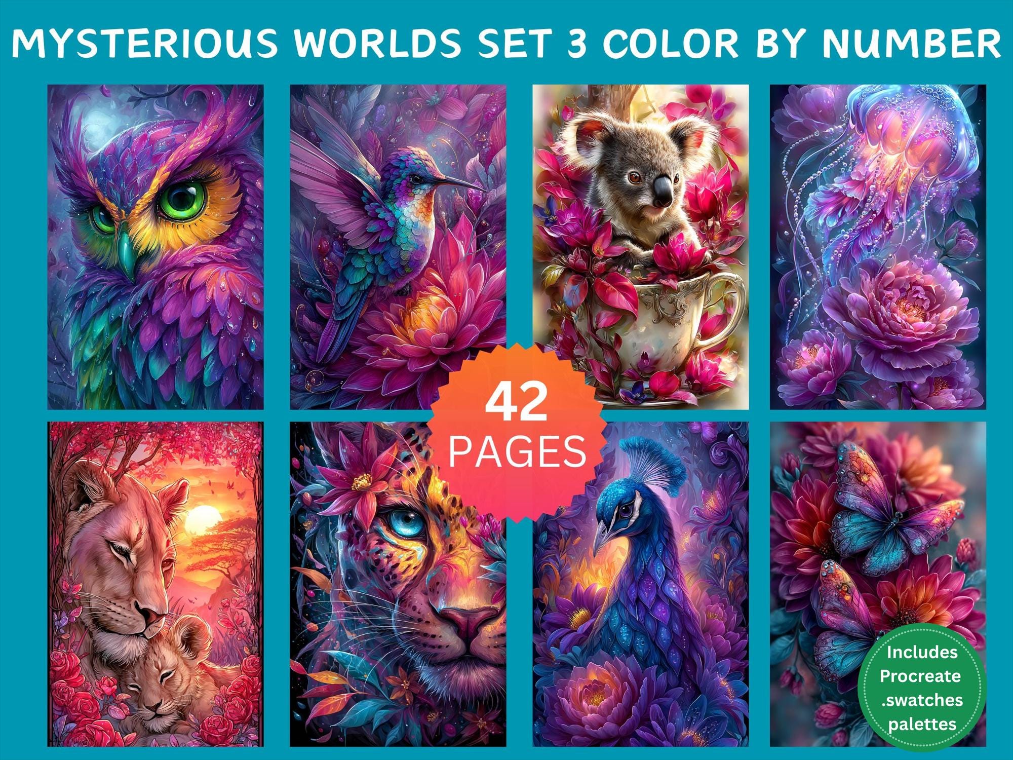 42 Mysterious Worlds Set 3 – Color by Number Pages for Adults, Digital Coloring Book Bundle, Procreate & Printable Paint by Numbers, Animals & Fantasy Scenes