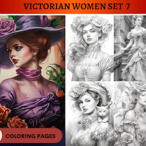 43 Beautiful Victorian Women Set 7 Coloring Pages | Printable Adult Coloring Pages | Download Grayscale Illustration