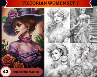 43 hermosas mujeres victorianas conjunto 7 páginas para colorear / páginas para colorear para adultos imprimibles / descargar ilustración en escala de grises