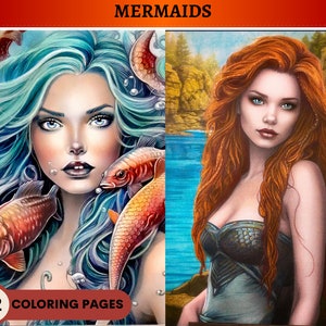 Mermaids coloring book | 42 Pages | Printable Adult Coloring Pages | Download Grayscale Illustration | Printable PDF file