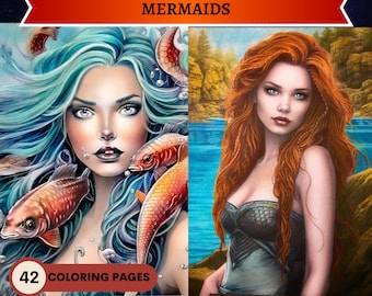 Mermaids coloring book | 42 Pages | Printable Adult Coloring Pages | Download Grayscale Illustration | Printable PDF file