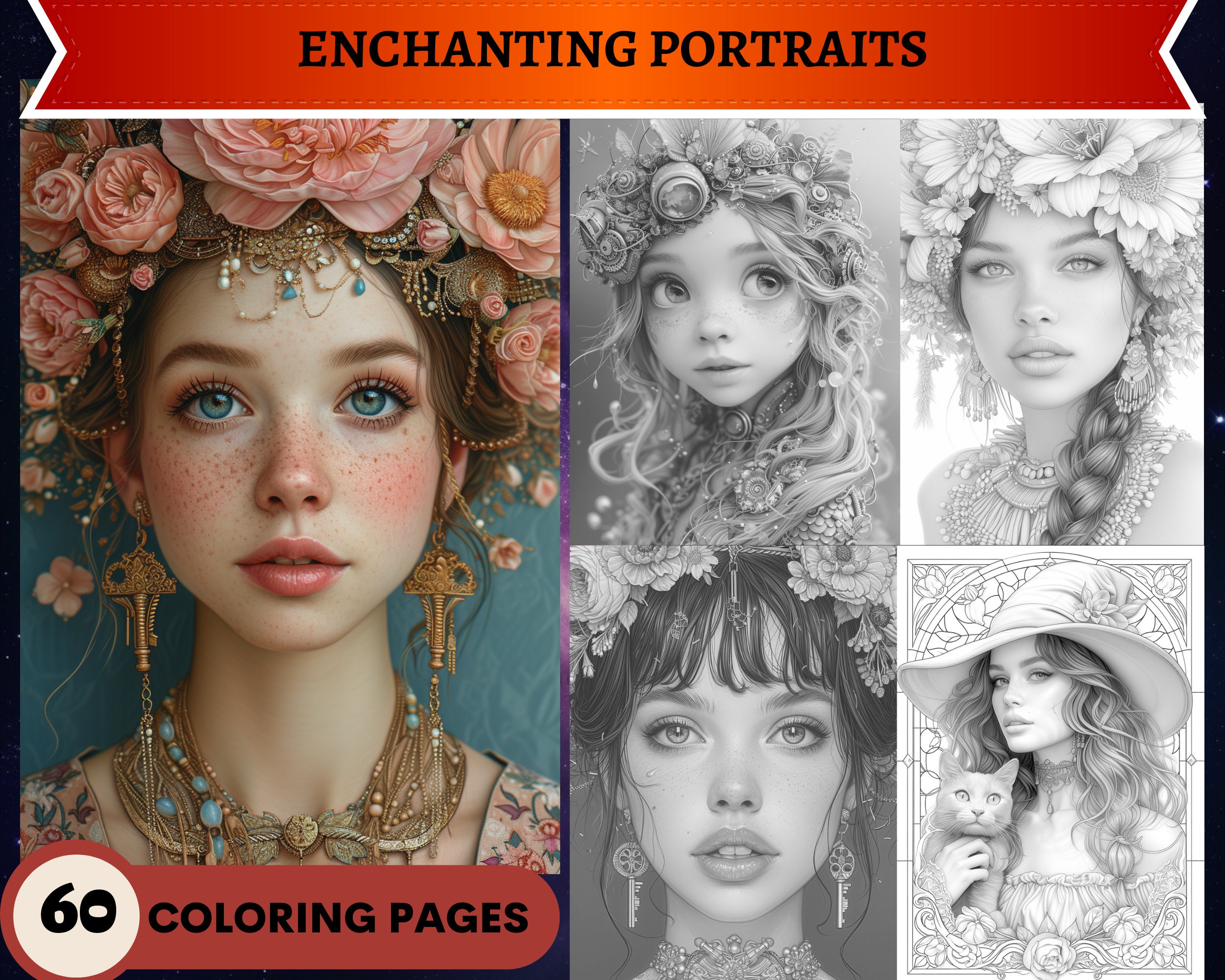 Portrait Rough Pages 60 Enchanting Portraits Coloring Pages | Printable Adult Coloring Pages ...