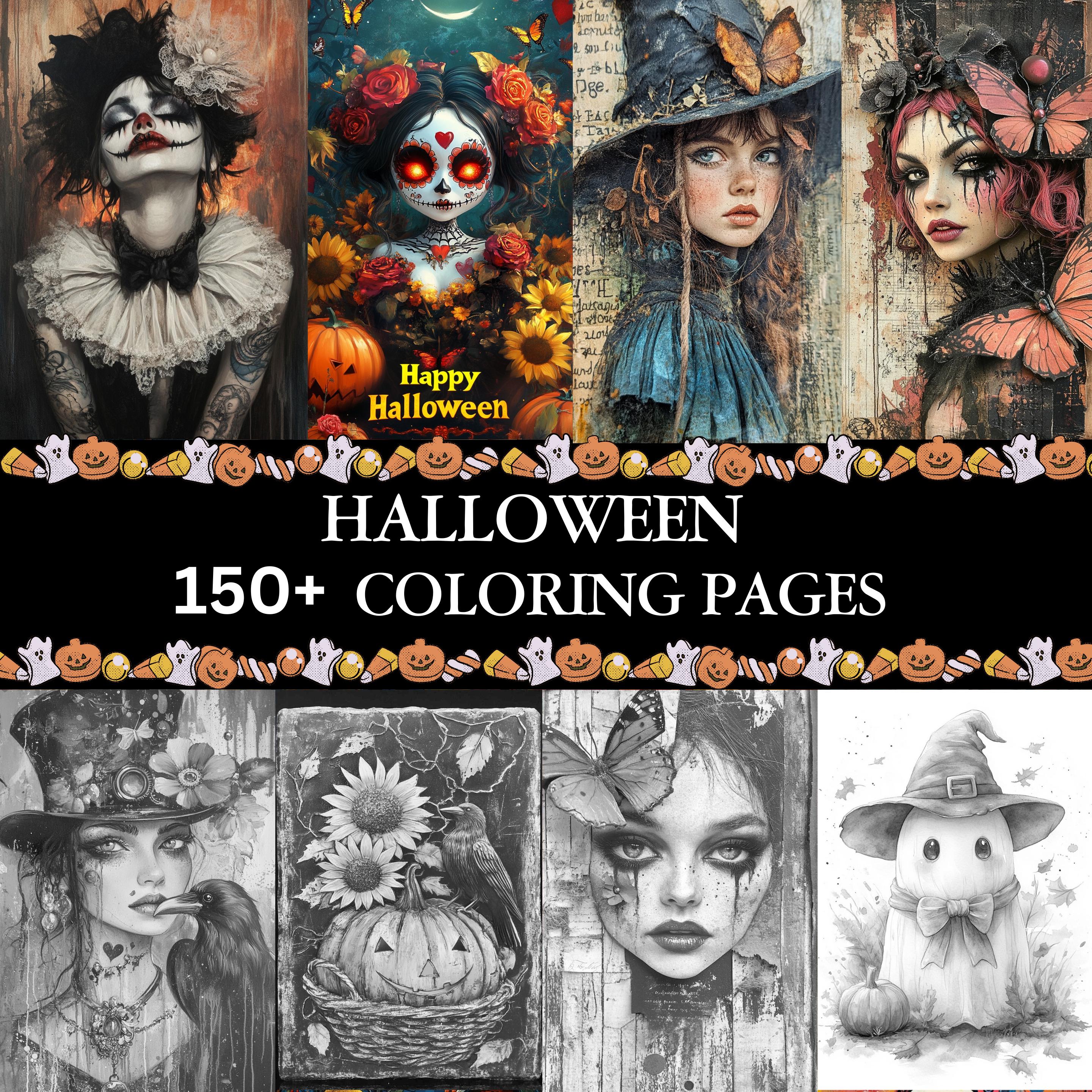 ハロウィンのダークアカデミア絵画150枚 大人向けグレースケールぬり絵
