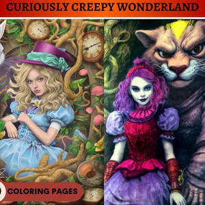 Curiously Creepy Wonderland: Alice in Wonderland Coloring Book | 50 Printable Adult Coloring Pages | Download Grayscale Illustration