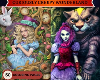 Curiously Creepy Wonderland: Alice in Wonderland Coloring Book | 50 Printable Adult Coloring Pages | Download Grayscale Illustration