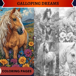 53 Galloping Dreams Graustufen Ausmalbilder | Ausmalbilder zum Ausdrucken | Graustufen-Illustration herunterladen | Pferde Rassen