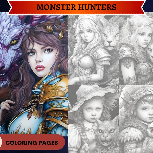 50 Monster Hunters Coloring Pages | Cute girls with monsters | Printable Adult Coloring Pages | Download Grayscale Illustration