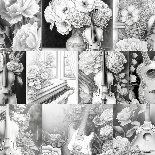 20 Grayscale Instruments with Flowers Coloring Book Set 1 | Printable Adult Coloring Pages | Download Grayscale Illustration | Printable PDF