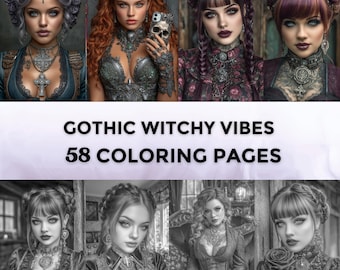 May include: A digital art image featuring six portraits of women with gothic and witchy aesthetics. The women have pale skin, dark makeup, and ornate jewelry. The text "GOTHIC WITCHY VIBES 58 COLORING PAGES" is displayed in the center of the image.