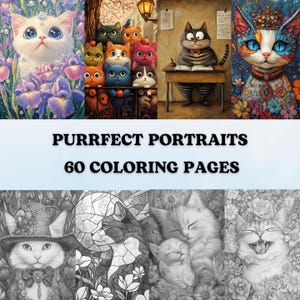 Purrfect Portraits Grayscale Coloring Pages | Cute cats kittens coloring | Fantasy Cute Animals Flowers Painting Book | Printable PDF