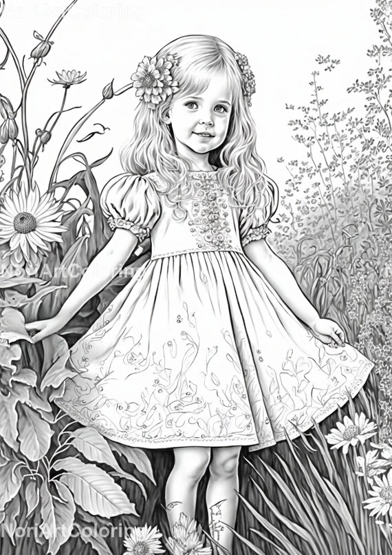 Coloriage belle fille en niveaux de gris dans un champ de fleurs