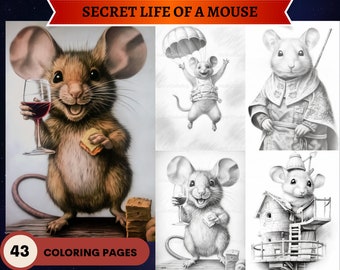 43 Páginas para colorear de la vida secreta de un ratón / Páginas para colorear adultos y niños / Descarga instantánea de página para colorear en escala de grises / PDF imprimible