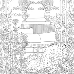 Puede incluir: Un dibujo en blanco y negro de un leopardo tumbado en un jard&iacute;n. El leopardo est&aacute; rodeado de flores y plantas. Hay un sof&aacute; de mimbre y un reloj en el fondo.