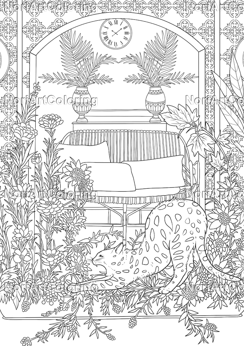 Puede incluir: Un dibujo en blanco y negro de un leopardo tumbado en un jard&iacute;n. El leopardo est&aacute; rodeado de flores y plantas. Hay un sof&aacute; de mimbre y un reloj en el fondo.