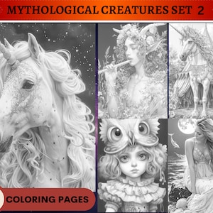 52 mytologiska varelser set 2 gråskaliga målarbilder | Utskrivbara målarbilder för vuxna | Ladda ner gråskala