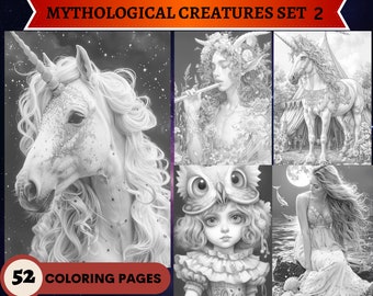 52 Mythological Creatures Set 2 Grayscale Coloring Pages | Printable Adult Coloring Pages | Download Grayscale