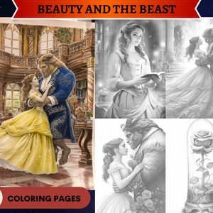 32 Beauty and the Beast Coloring Pages | Grayscale Coloring Book | 32 Printable Adult Coloring Pages | Download Grayscale Illustration