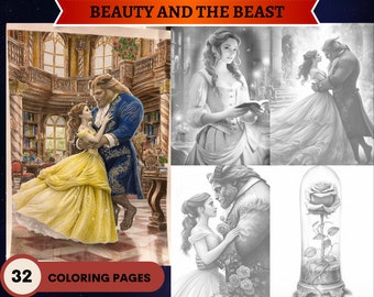 32 Páginas para colorear de La Bella y la Bestia / Libro para colorear en escala de grises / 32 Páginas para colorear para adultos imprimibles / Descargar ilustración en escala de grises