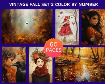 May include: A collection of six vintage-style fall-themed illustrations. The images feature scenes of autumn foliage, a girl in a red cloak, a woman with a crow, and a portrait of a woman. The text "VINTAGE FALL SET 2 COLOR BY NUMBER" and "60 PAGES" are visible.