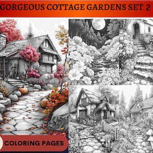 60 Wunderschöne Cottage Gardens Graustufen Färbung Seiten Set 2 Printable Erwachsene Kinder Malseiten Instant Download Blumen Botanische