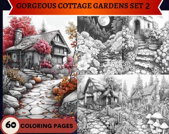 60 magníficos jardines de cabañas Set 2 páginas para colorear en escala de grises / Páginas para colorear para adultos imprimibles / Descargar ilustración en escala de grises / Flores